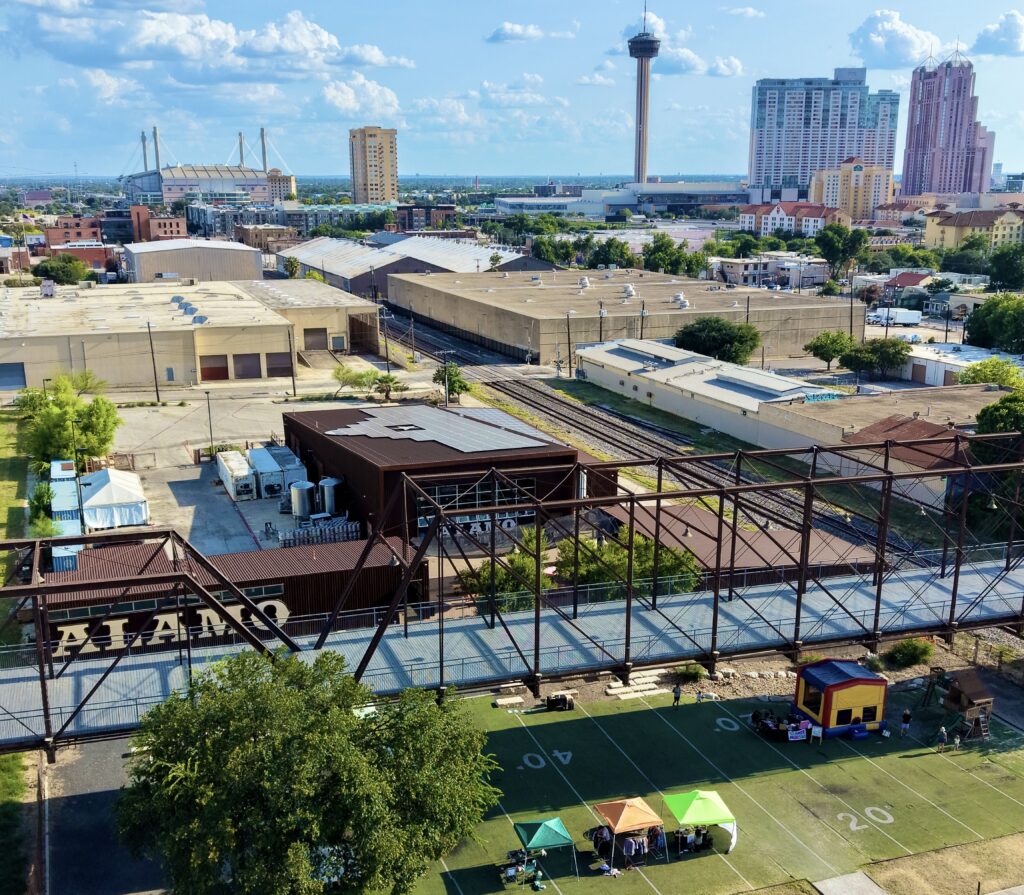 Exterior shot of Alamo Beer Company in San Antonio, Texas shot from an aerial drone
