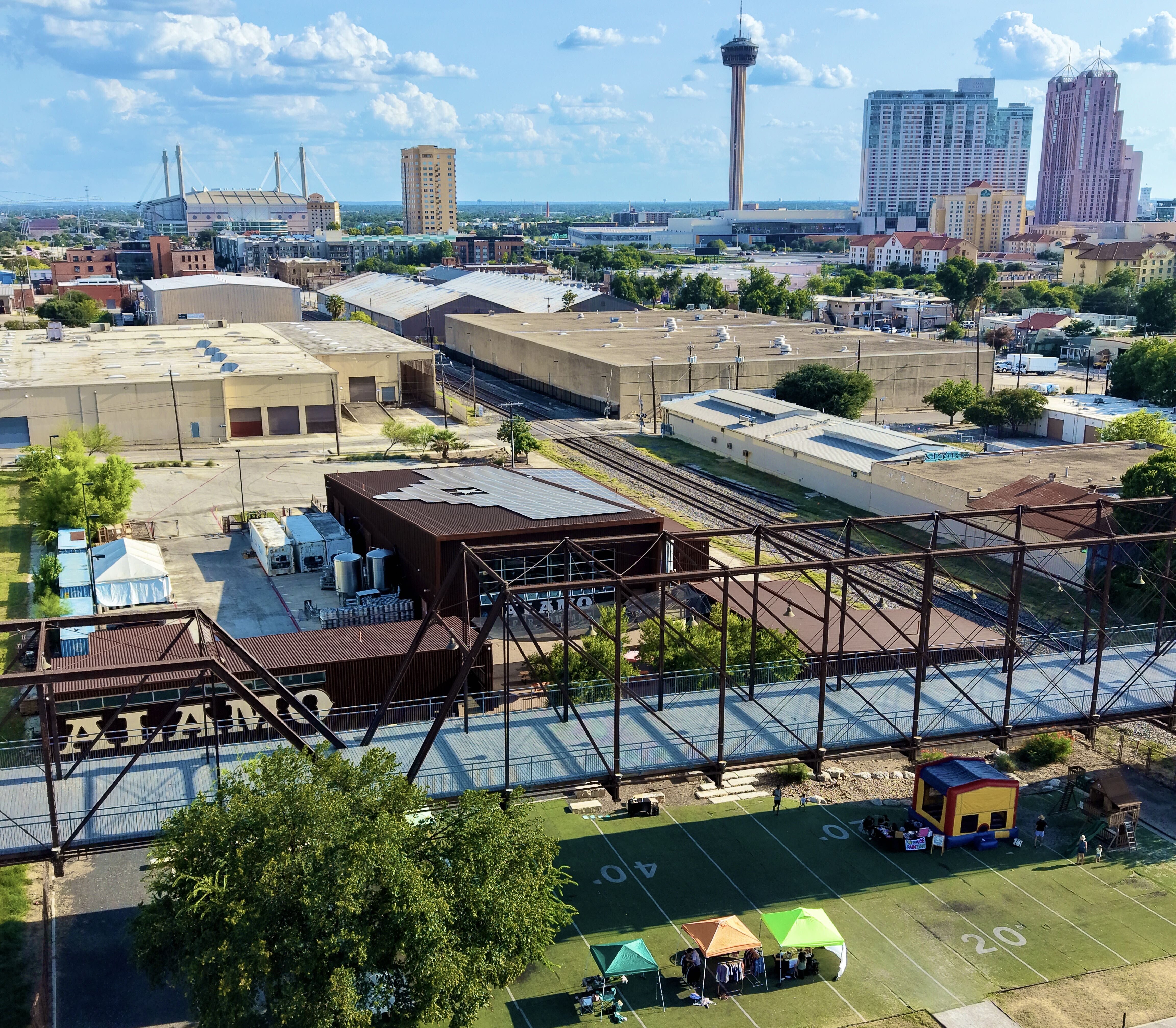 Exterior shot of Alamo Beer Company in San Antonio, Texas shot from an aerial drone